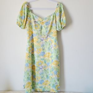 CIDER yellow & green midi dress,sweetheart neckline, puffed elastic sleeves, NWT